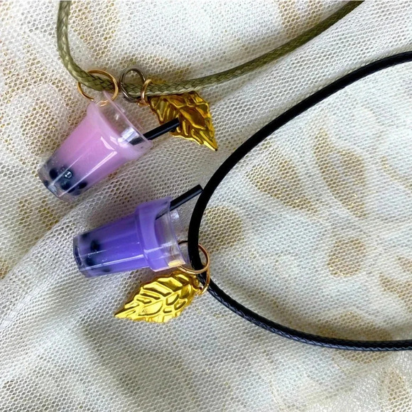 Girls/Kids Cute Color Boba Bubble Milk Tea Charms Pendant Necklace Pair/Set of 2 - Picture 7 of 8